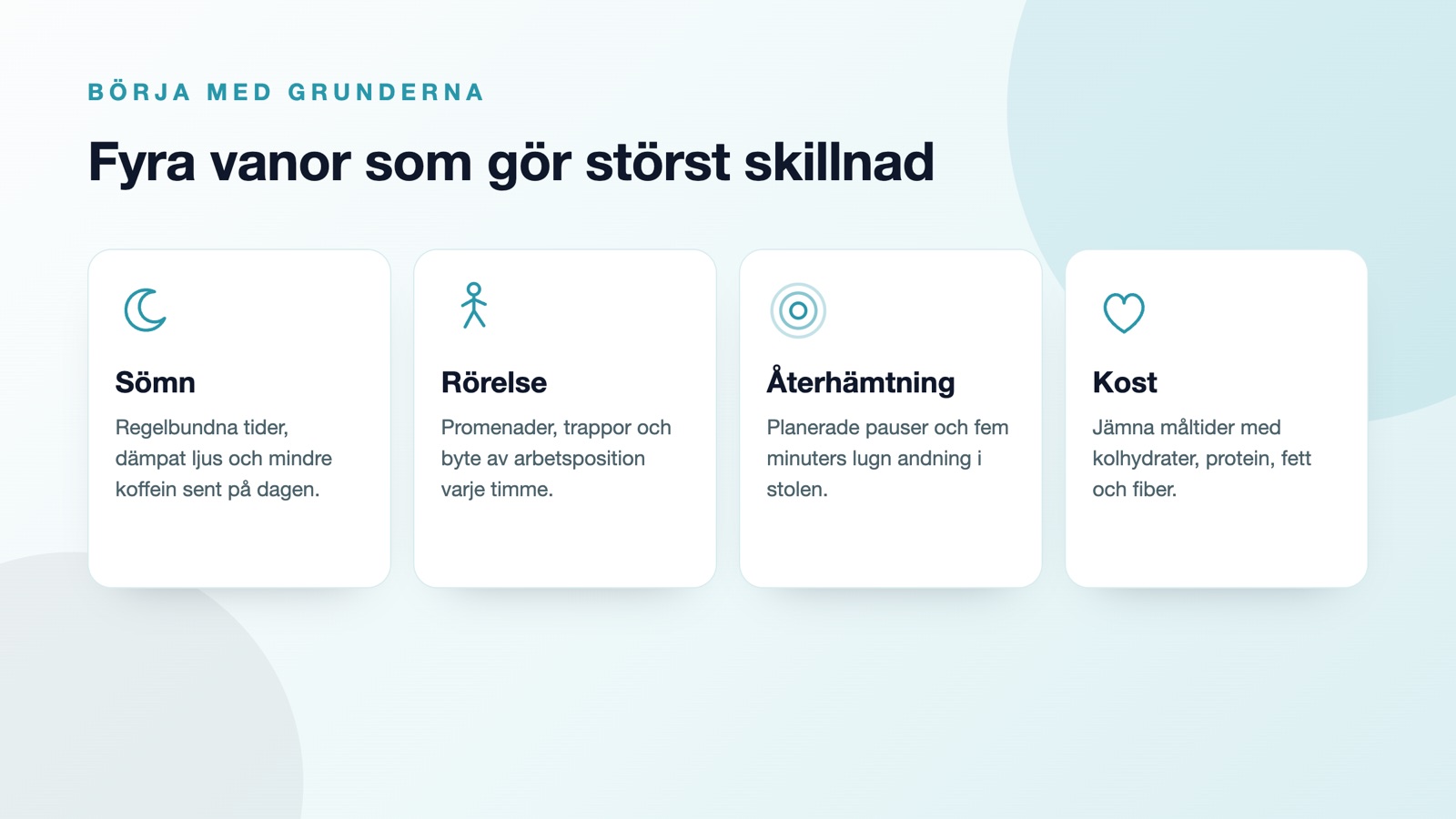 Fyra grundvanor för mer energi: sömn, rörelse, återhämtning och kost