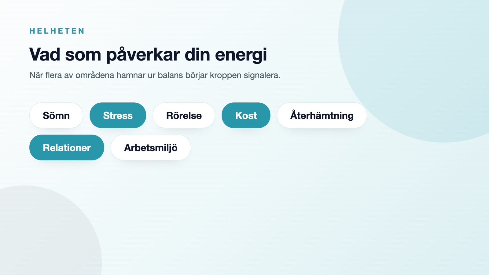 Sömn, stress, rörelse, kost, återhämtning, relationer och arbetsmiljö påverkar alla energinivån