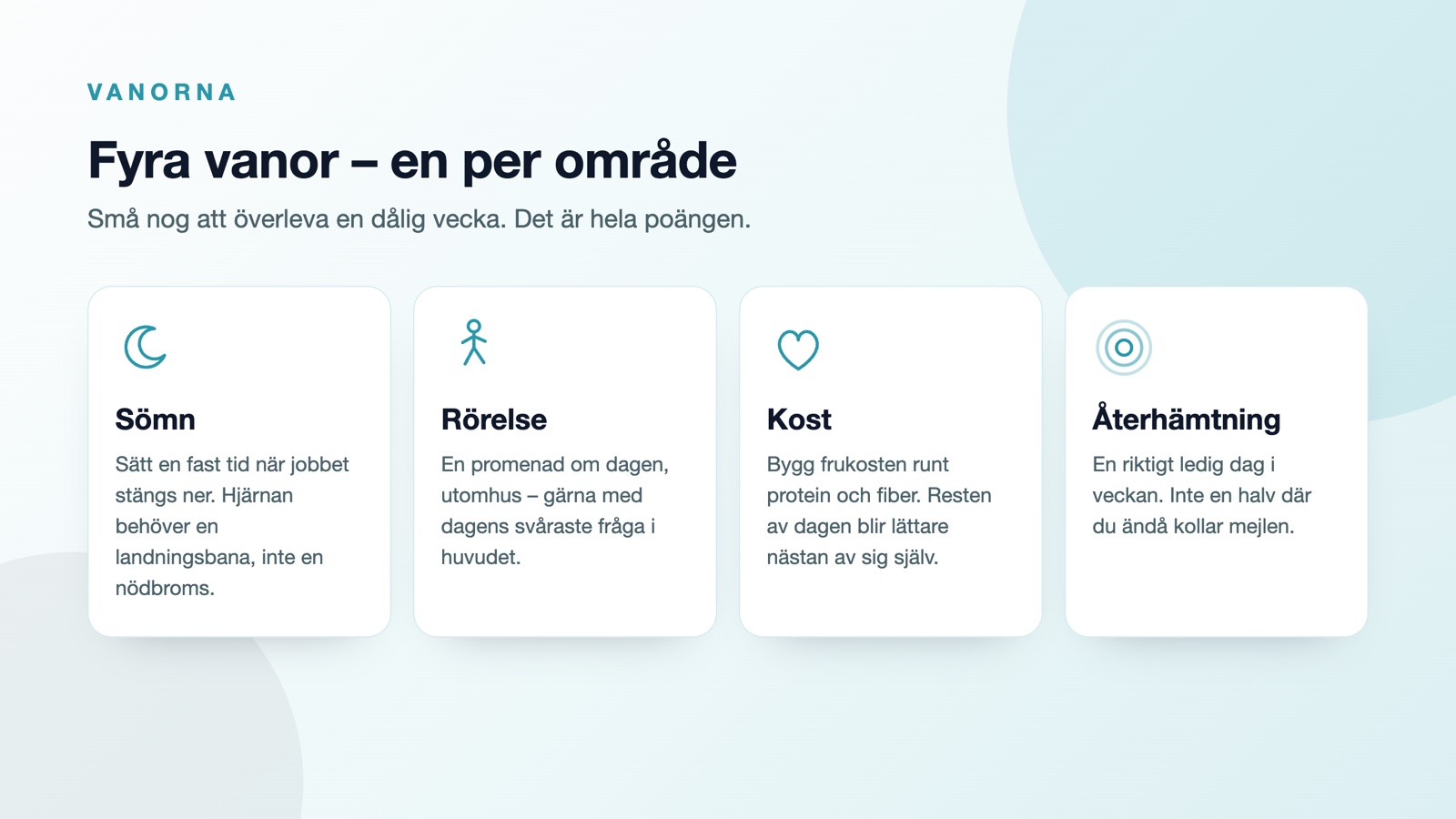 Fyra vanor för företagare: fast sluttid för jobbet, en daglig promenad utomhus, frukost med protein och fiber samt en riktigt ledig dag i veckan