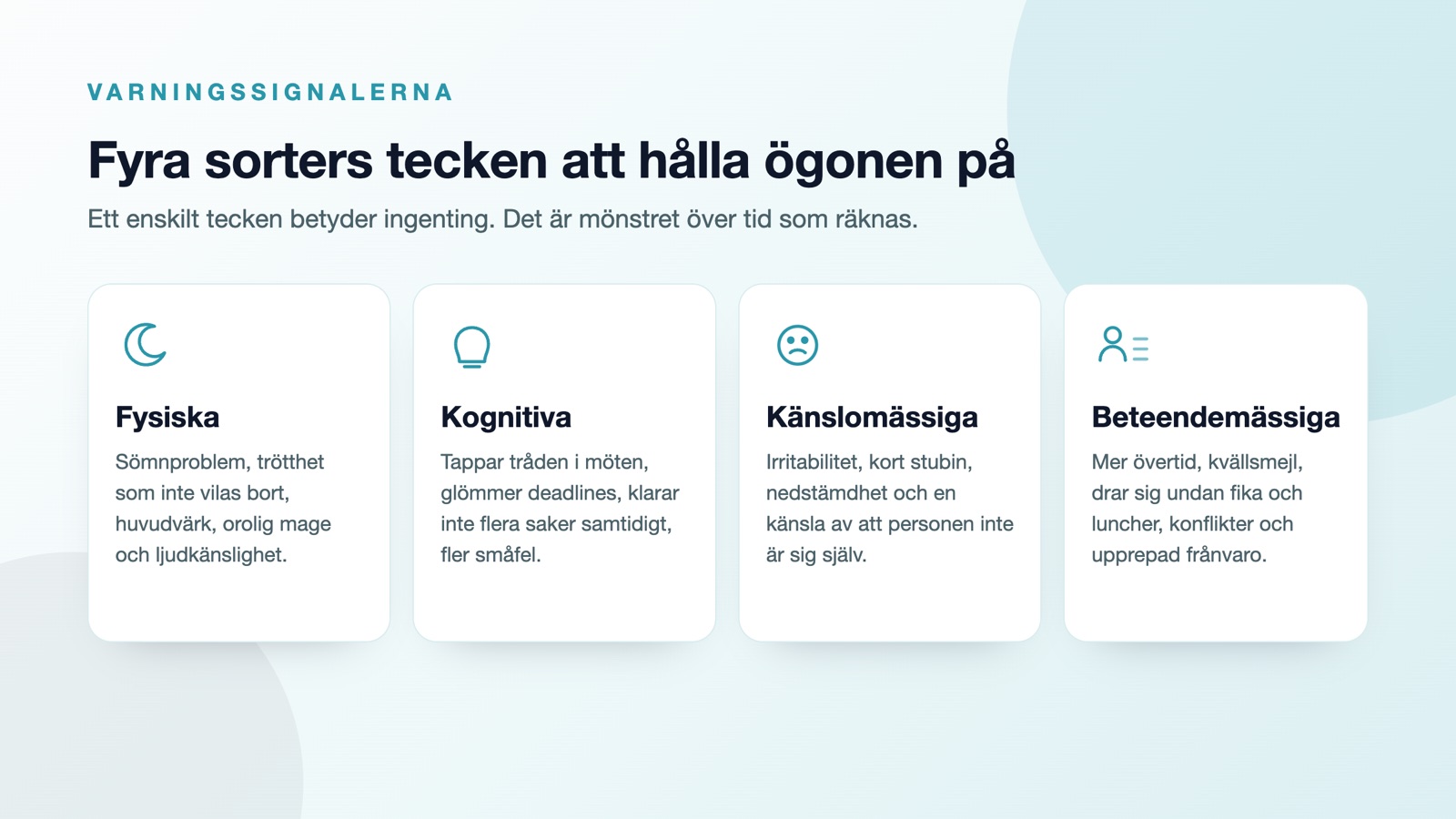Fyra sorters varningssignaler på utmattning: fysiska, kognitiva, känslomässiga och beteendemässiga tecken